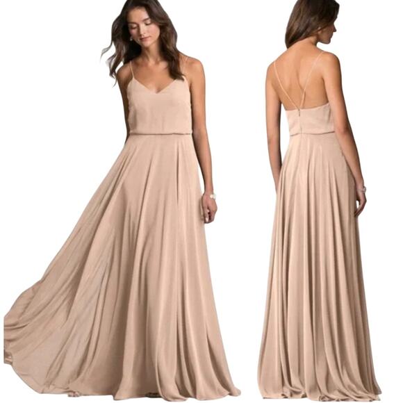 Jenny Yoo BHLDN Inesse Gown Chiffon Blouson Fit & Flare V Neck Desert Rose 0 - Picture 1 of 10